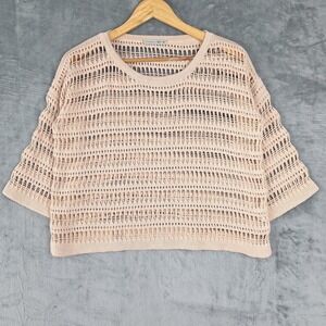 Womens Sweater Medium Crochet Cottage Boho Open Knit Cropped Sheer Flare Sleeve